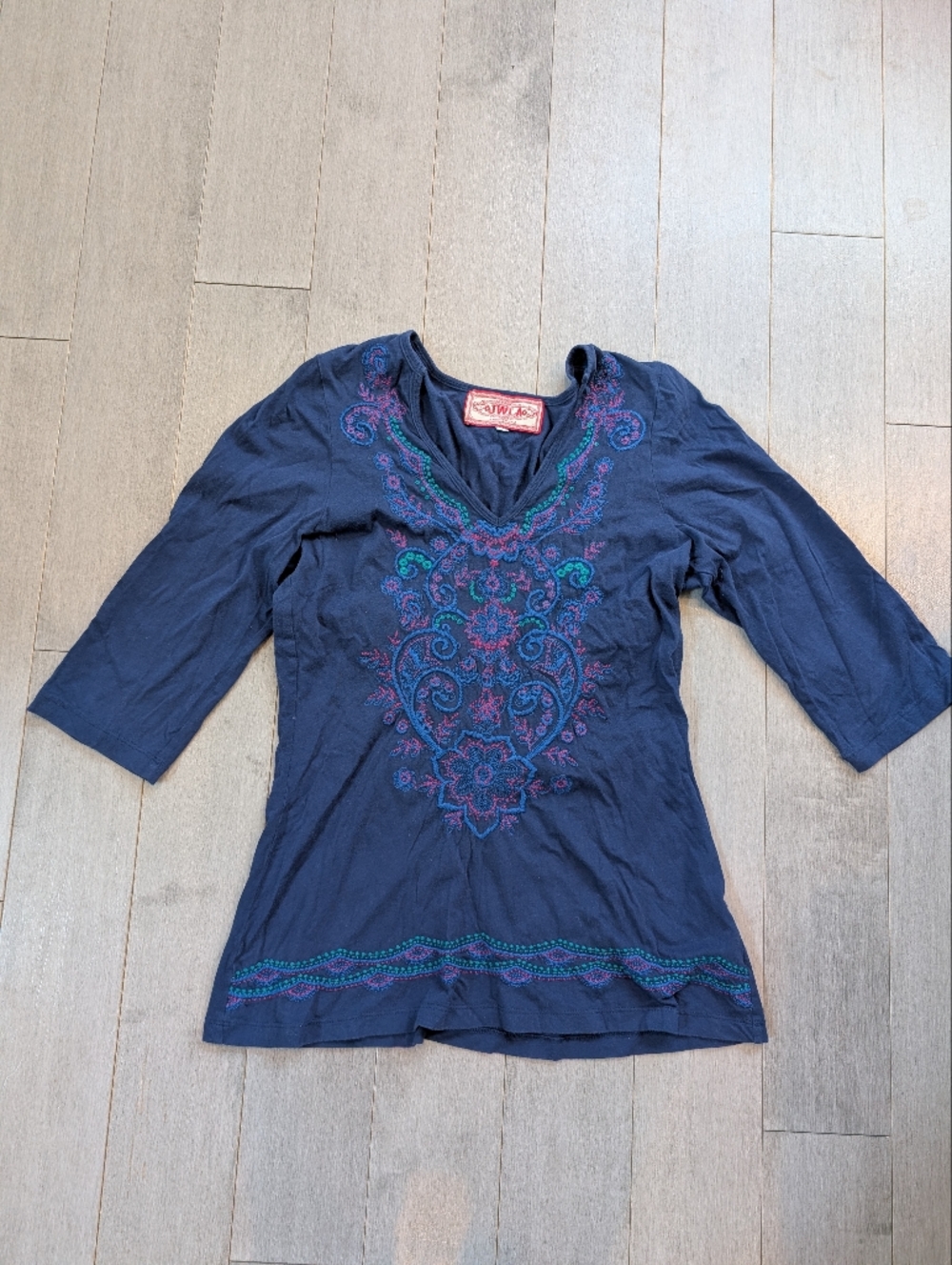 Johnny Was Blue Embroidered Top 3/4 Long Sleeves Size Large